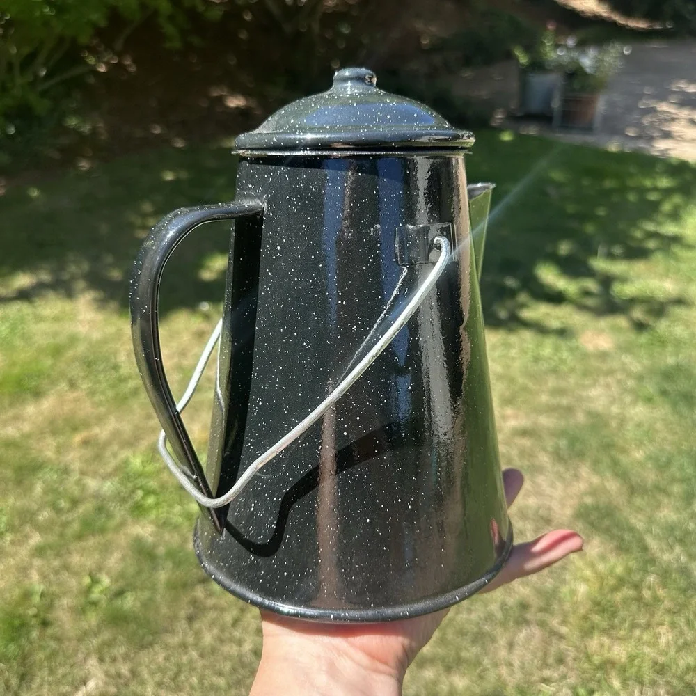 Vintage Black & White Speckled Enamelware Percolator Camping Cowboy Coffee Pot